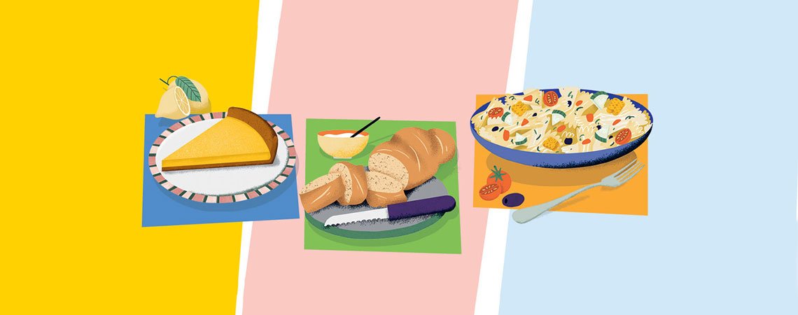 Illustrationen von Zitronentarte, Brot und Nudelsalat