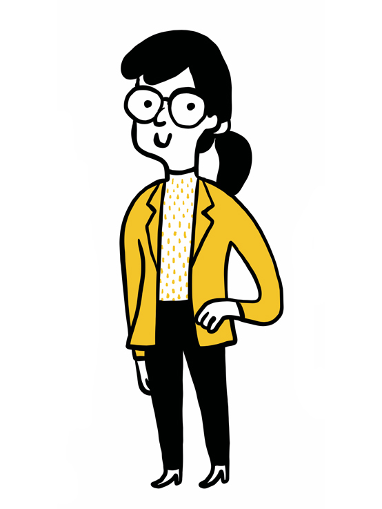 Illustration Frau mit schwarzer Hose, gepunktetem Oberteil und gelbem Blazer