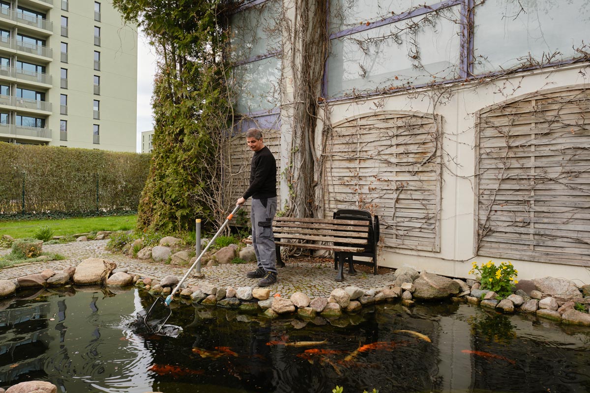 Hausmeister Mario Skribelka reinigt den Teich
