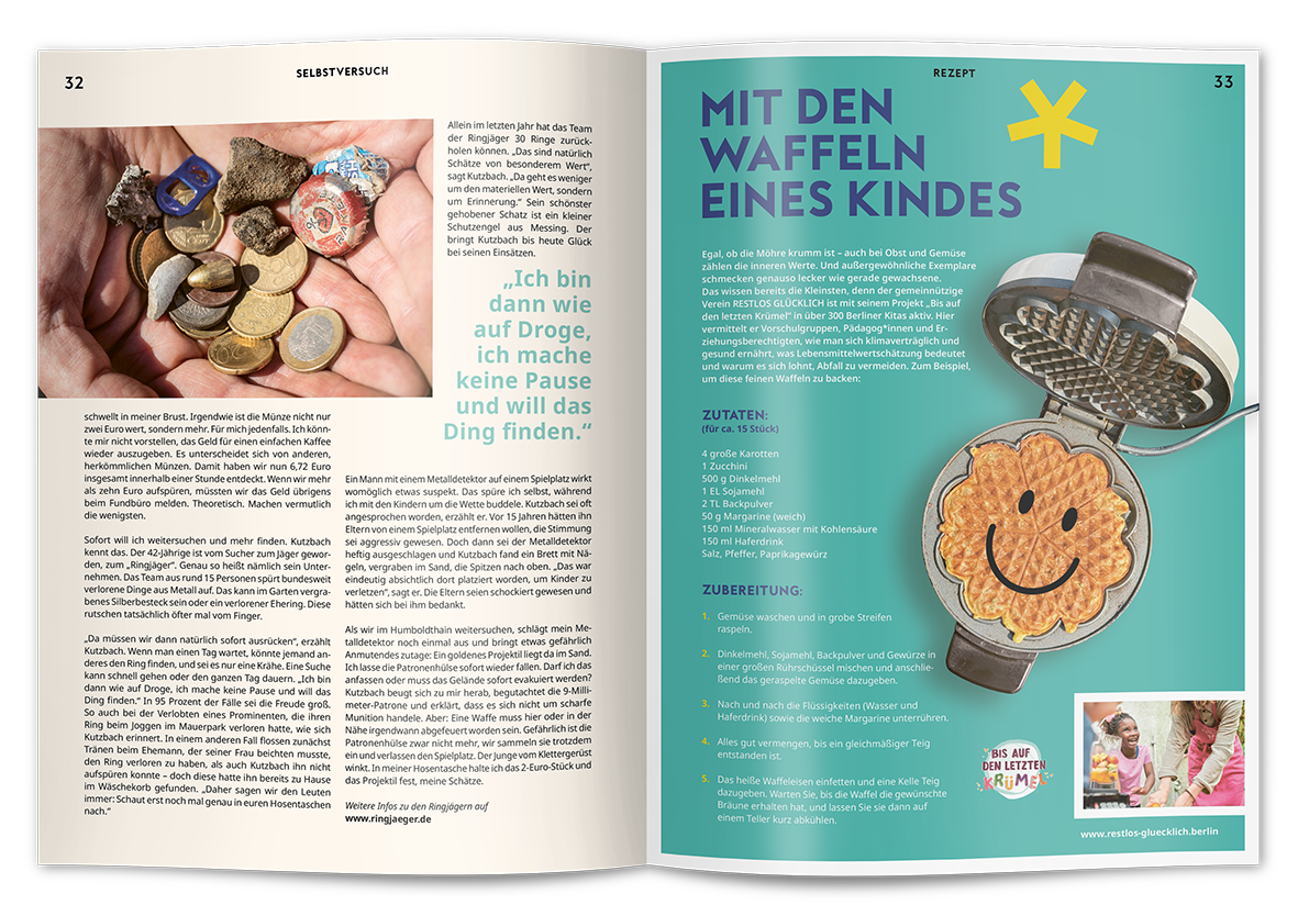 Hallo Nachbar 2-25 Selbstversuch Seite 3 (links) und Rezept für Waffeln (rechts)