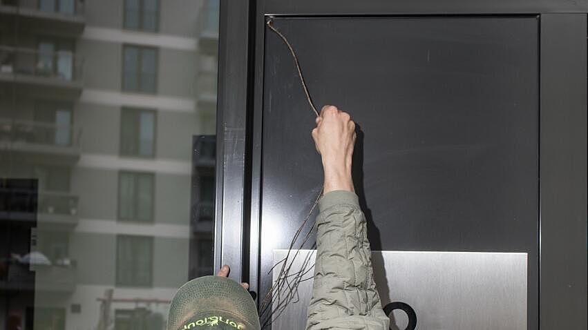 Tourguide greift nach einer Spinne an einer Haustür