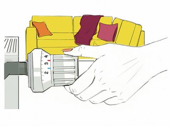 Illustration verstellen eines Heizthermostats, im Hintergrund steht ein gelbes Sofa