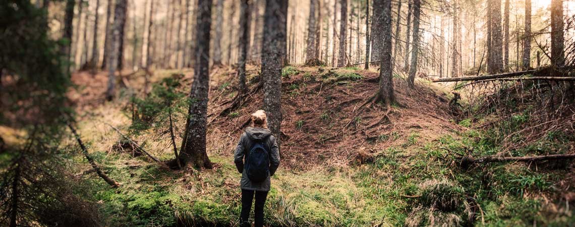 Frau spaziert durch Wald