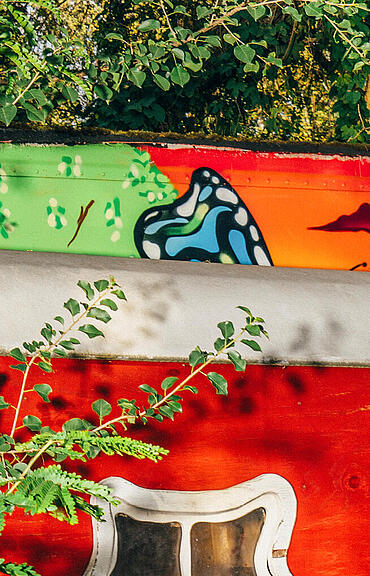 Ein roter Wagen hinter einem Baum halb versteckt