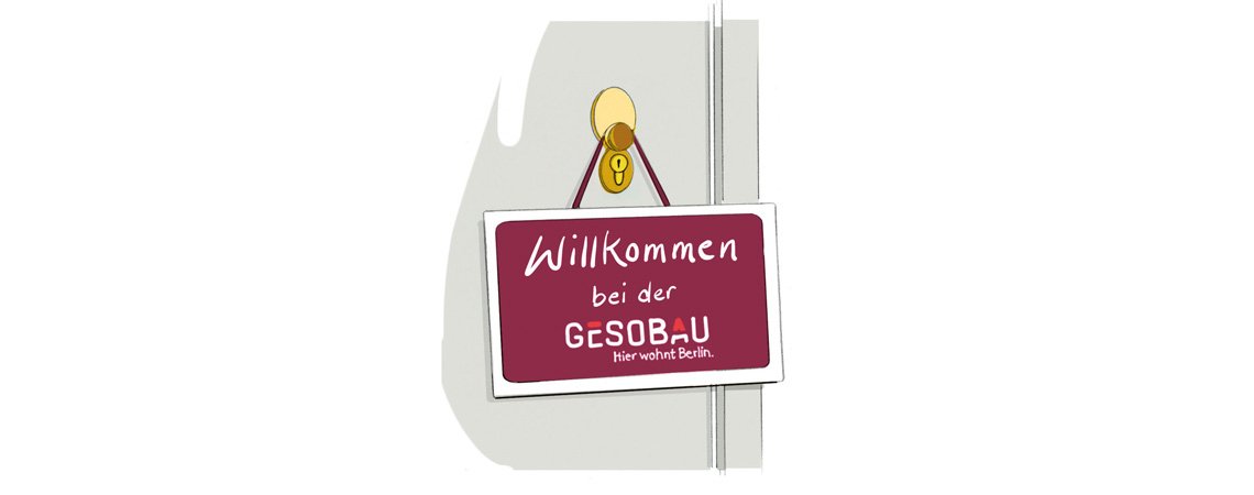 Schild, das am Türgriff hängt, es trägt die Aufschrift: Willkommen bei der GESOBAU hier wohnt Berlin