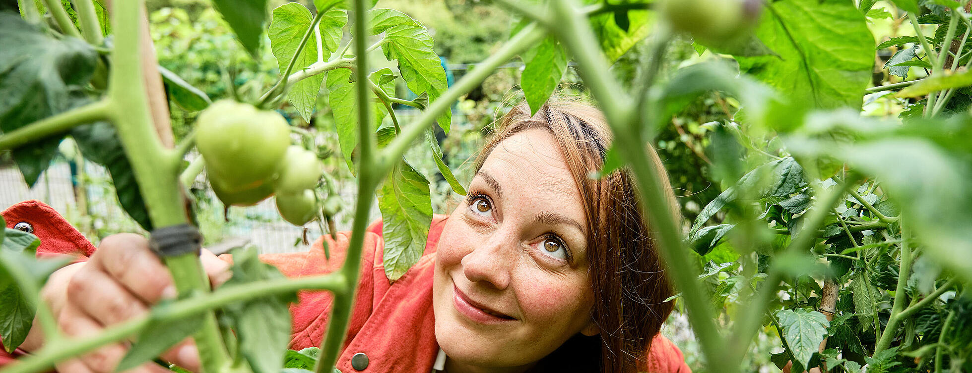 Franziska blickt durch die Beete
