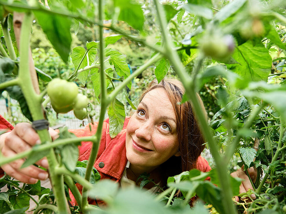Franziska blickt durch die Beete