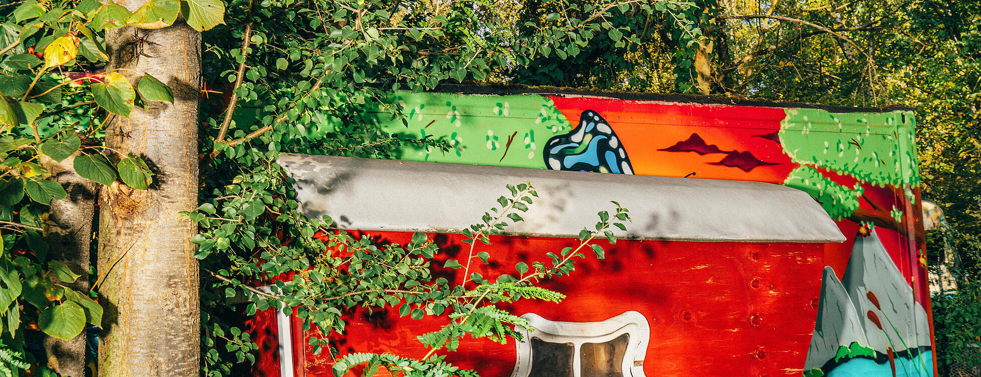 Ein roter Wagen hinter einem Baum halb versteckt