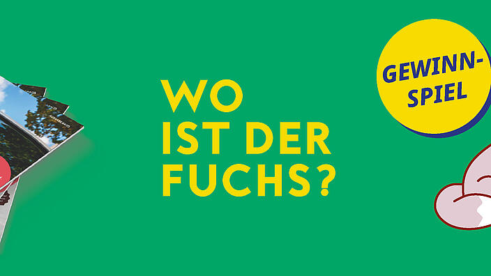 Banner zum Gewinnspiel ‚Wo ist der Fuchs?‘ mit Fuchs-Illustration und am Rand sichtbaren Hallo-Nachbar-Zeitschriften