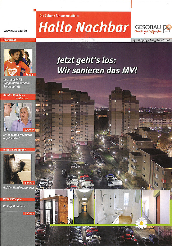 Titelbild einer Hallo Nachbar-Ausgabe von 2008, im Vordergrund Häuser mit der Überschrift: Jetzt geht's los - Wir sanieren das MV