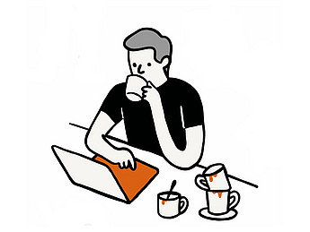 Illustration Mann am Laptop mit drei leeren Tassen daneben