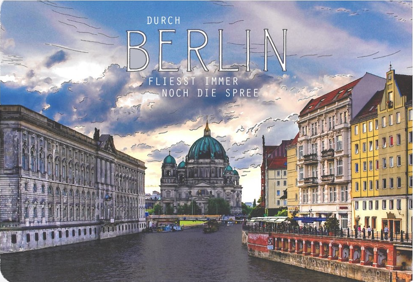 Eine Postkarte mit Blick auf die Spree und das Nikolaiviertel in Berlin