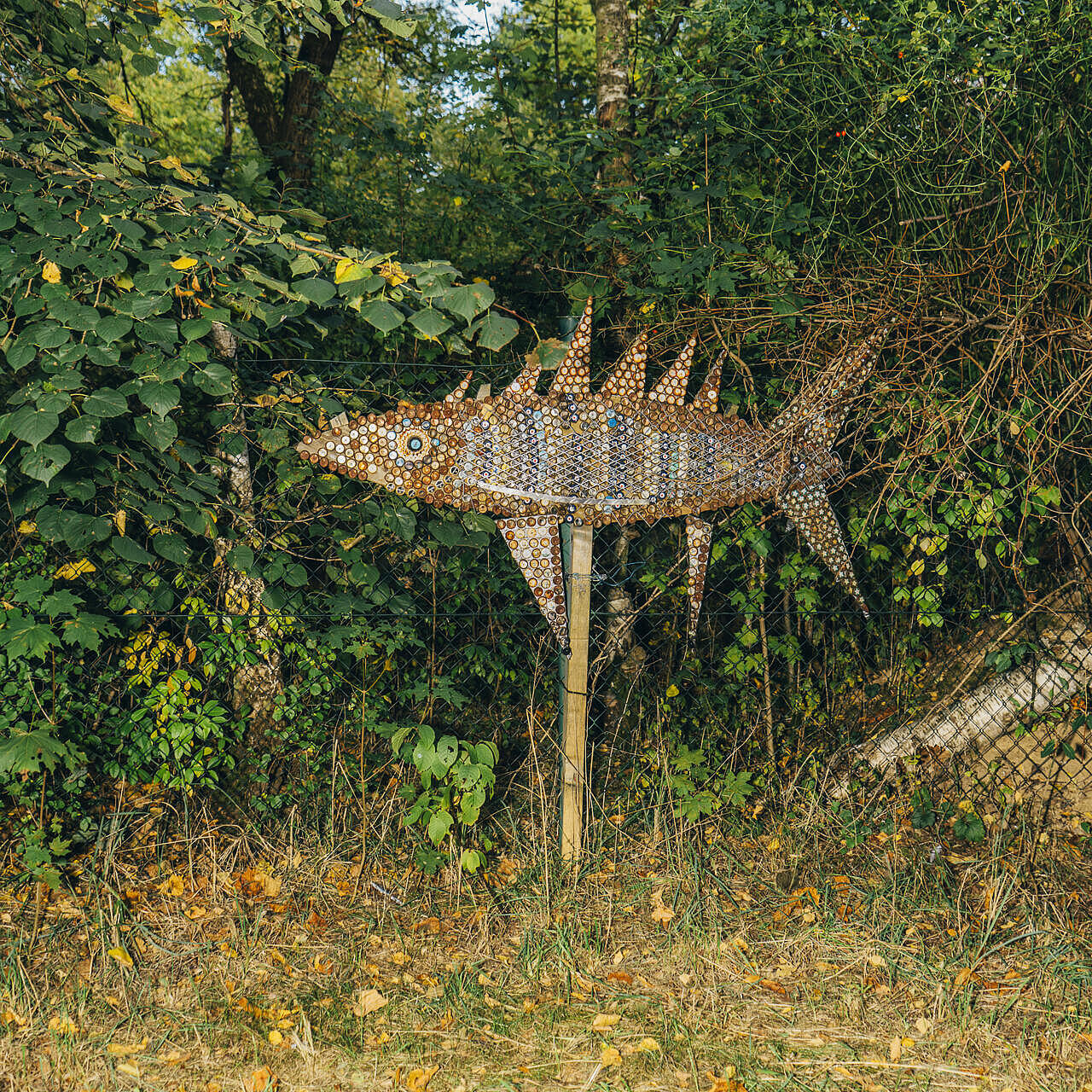 Fischfigur aus Metall im Wagendorf