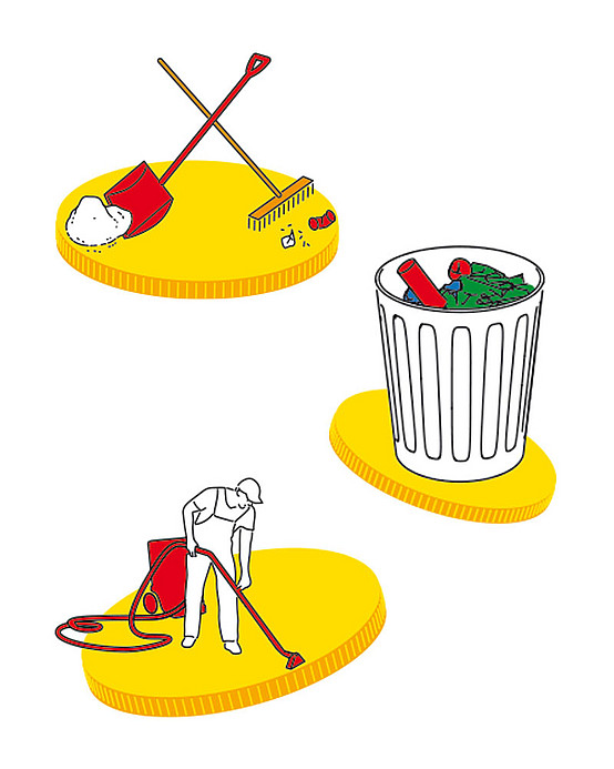 Illustrationen "Straßenreinigung, Müllentsorgung und Hausreinigung"