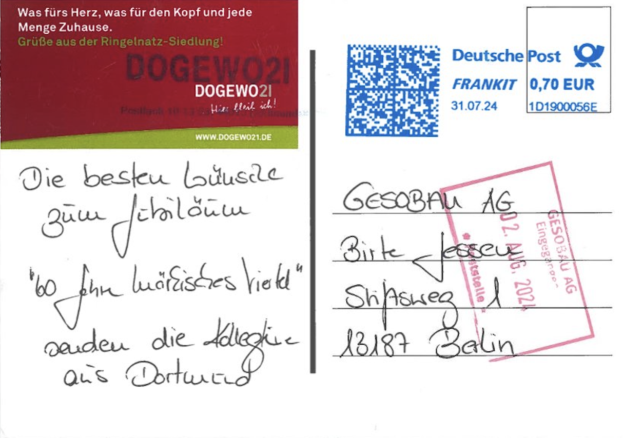 Die Rückseite der Postkarte der DOGEWO21 aus der Ringelnatz-Siedlung in Dortmund