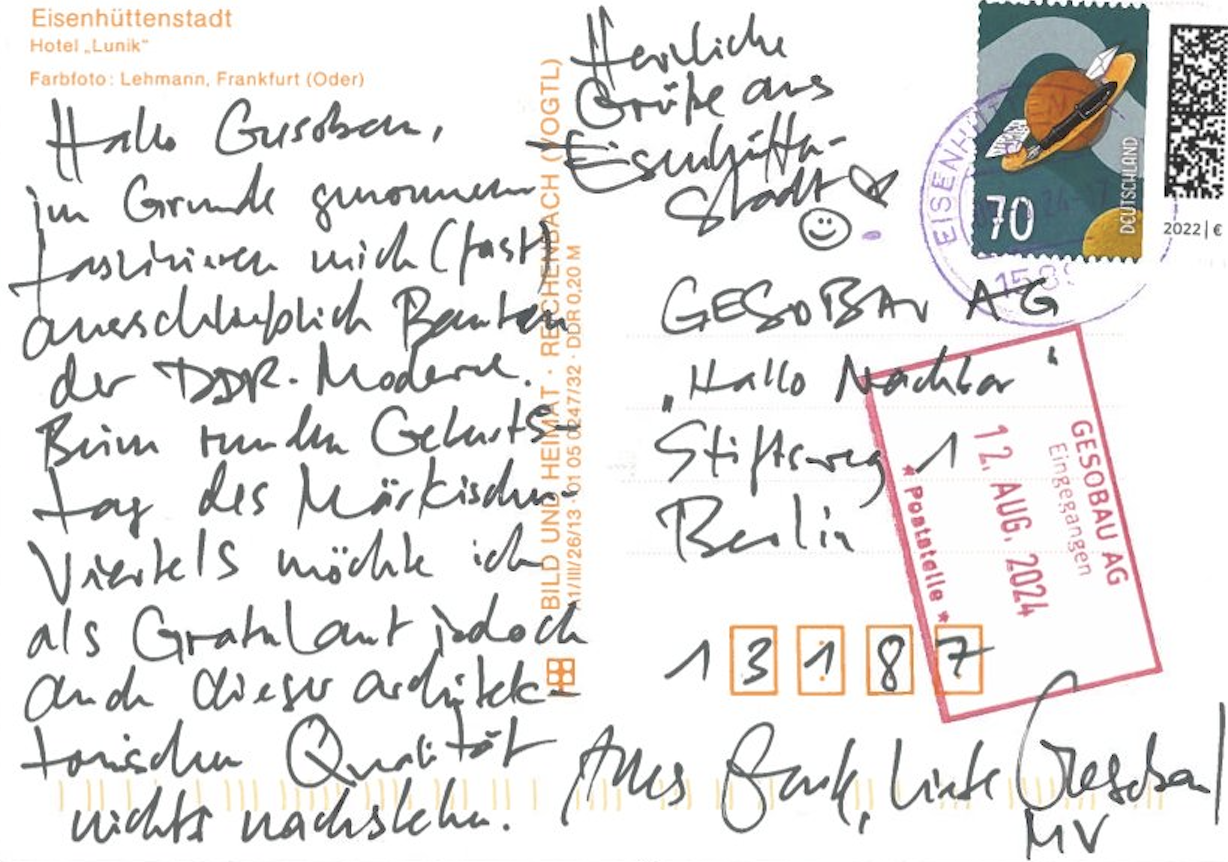 Die Rückseite der Postkarte aus Eisenhüttenstadt von Martin Maleschka