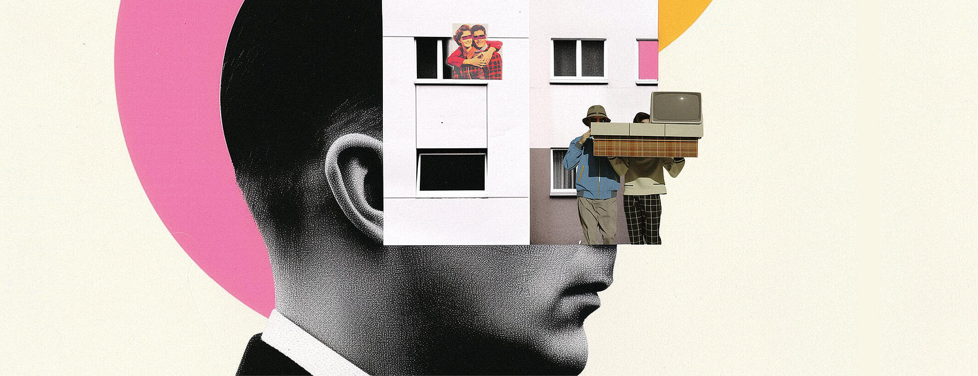 Eine Collage aus mehreren KI-generierten Bildern: Ein Kopf im Profil, Ein Wohnhaus, 2 Personengruppen