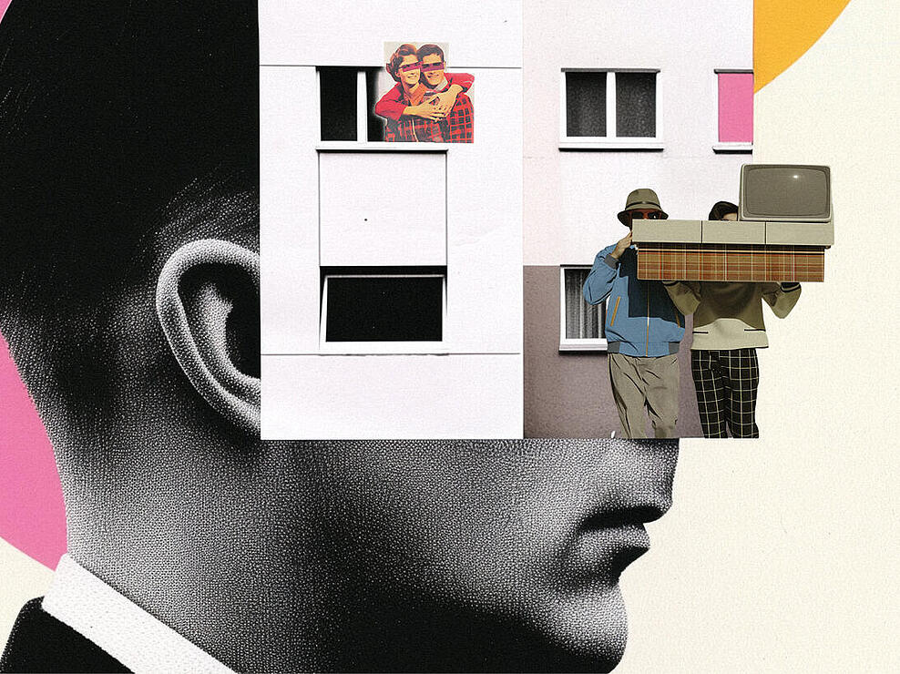 Eine Collage aus mehreren KI-generierten Bildern: Ein Kopf im Profil, Ein Wohnhaus, 2 Personengruppen
