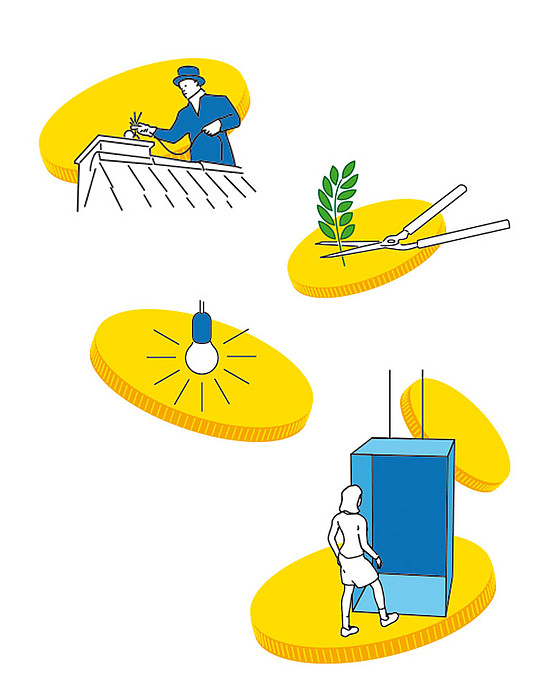Illustrationen "Schornsteinfeger:innen, Grünpflege, Hausbeleuchtung und Aufzüge"