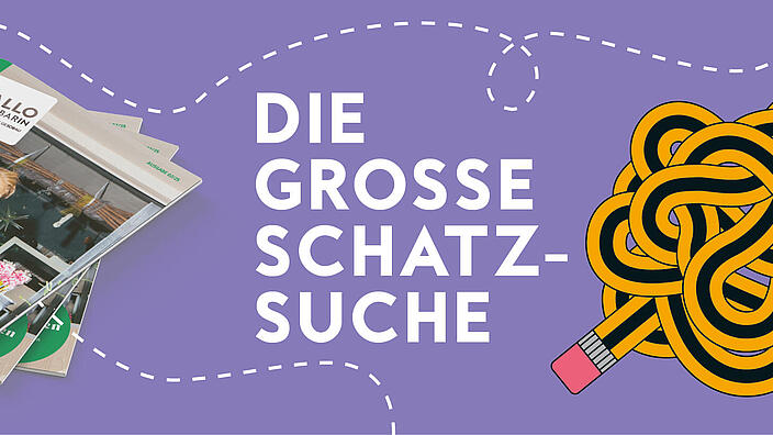 Gewinnspiel-Banner: links mehrere Hallo-Nachbar-Ausgaben, rechts eine Bleistift-Illustration und in der Mitte die Aufschrift Die große Schatzsuche
