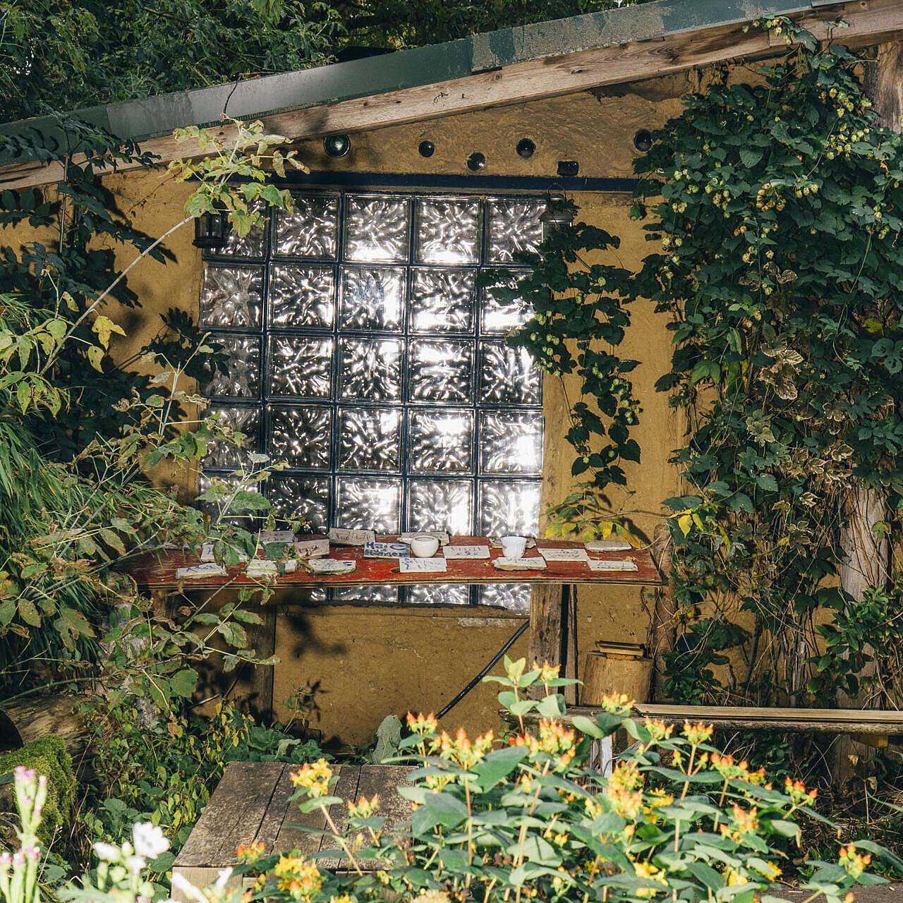 Ein Haus im Wagendorf überwuchert von Pflanzen