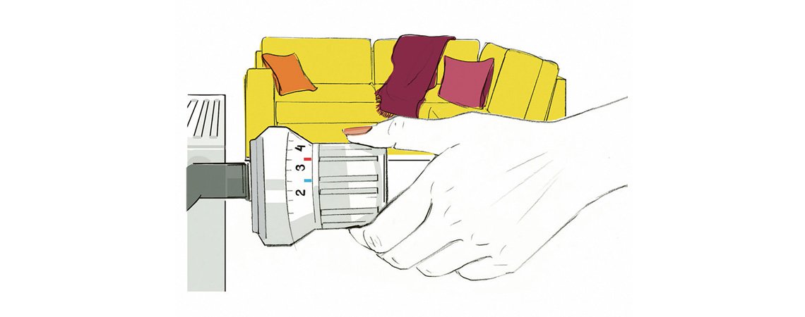 Illustration verstellen eines Heizthermostats, im Hintergrund steht ein gelbes Sofa